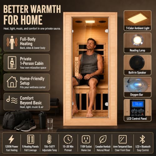 1 Person Infrared Sauna for Home, 110V 1200W Canadian Hemlock Wood Indoor Sauna Room, Compact Home Gym Spa with Color Light, Bluetooth, LCD Control, Workout Relaxation Gift for Men, Furniture Decor - Image 6
