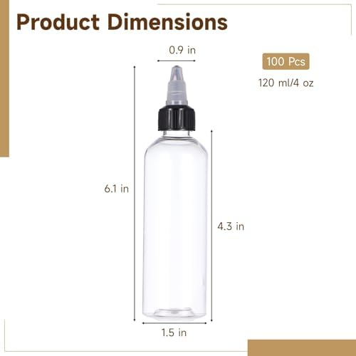 100 Pcs Plastic Squeeze Bottles, 4 oz Clear Hair Oil Applicators with Twist Top Caps, Leakproof Empty Condiment Dispensers for Liquids, Inks, Paints, Glues, Refillable Small Bottles - Image 5