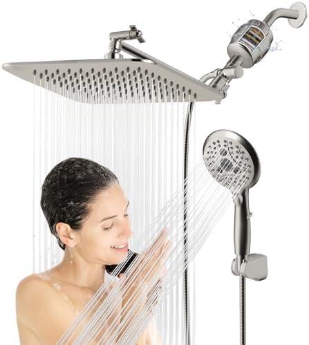 10'' Dual 20 Stage Filtered Shower Head with Handheld, 6 Spray Settings Handheld Shower Head High Pressure Rainfall Filter Combo with 12'' Adjustable Extension Arm, 71'' Shower Hose (Brushed Nickel) by VXV