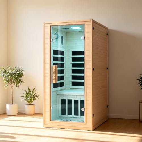1 Person Infrared Sauna for Home, 110V 1200W Canadian Hemlock Wood Indoor Sauna Room, Compact Home Gym Spa with Color Light, Bluetooth, LCD Control, Workout Relaxation Gift for Men, Furniture Decor by HomsidoFurniture