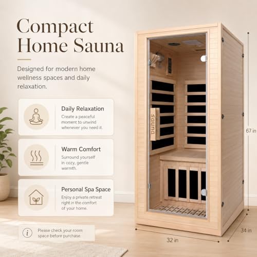 1 Person Far Infrared Sauna for Home, Canadian Hemlock Wood Indoor Sauna Room, 110V 1200W 5 Heating Panels, 149°F Max, 7-Color Light, Bluetooth Audio, Personal Relaxation Cabin, 32 x 34 x 67 in - Image 5