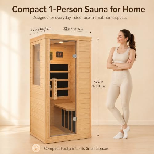1-Person Low EMF Far Infrared Sauna for Home Use, 900W Canadian Hemlock Wood Sauna with Bluetooth Music & Led Read Light, Easy Assembly for Bedroom, Gym, or Basement（57.9 * 27 * 32IN） - Image 2