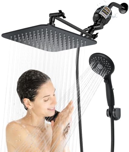10'' Dual 20 Stage Filtered Shower Head with Handheld, 6 Spray Settings Handheld Shower Head High Pressure Rainfall Filter Combo with 12'' Adjustable Extension Arm, 71'' Shower Hose (Matte Black) by VXV