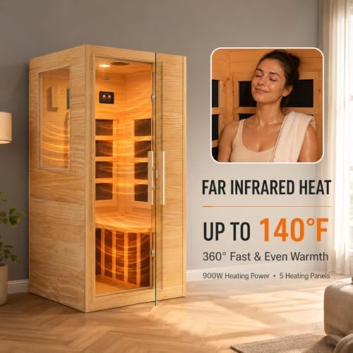 1-Person Low EMF Far Infrared Sauna for Home Use, 900W Canadian Hemlock Wood Sauna with Bluetooth Music & Led Read Light, Easy Assembly for Bedroom, Gym, or Basement（57.9 * 27 * 32IN） - Image 6