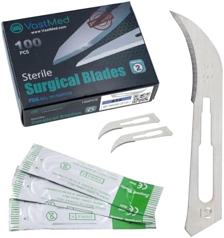 100 Pcs Surgical Blades #12 by Vastmed | Stainless Steel Sterile Scalpel Blades Individually Wrapped by Vast-Med-Dent