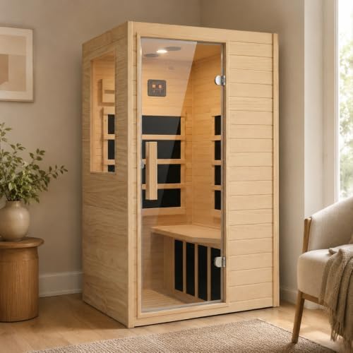 1-Person Low EMF Far Infrared Sauna for Home Use, 900W Canadian Hemlock Wood Sauna with Bluetooth Music & Led Read Light, Easy Assembly for Bedroom, Gym, or Basement（57.9 * 27 * 32IN） by HomsidoFurniture