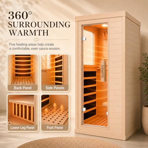 1 Person Far Infrared Sauna Room with 308x220mm Red Light Beauty Glow for Home Gym & Post-Workout Relaxation, 110V/1350W Fast Heating Sauna with 5 Plates, Bluetooth, Digital Controller, Oxygen Ionizer - Image 3