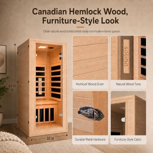1 Person Infrared Sauna for Home, 110V 1200W Canadian Hemlock Wood Indoor Sauna Room, Compact Home Gym Spa with Color Light, Bluetooth, LCD Control, Workout Relaxation Gift for Men, Furniture Decor - Image 3