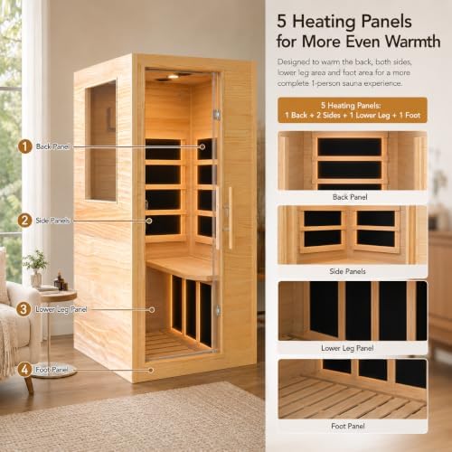 1-Person Low EMF Far Infrared Sauna for Home Use, 900W Canadian Hemlock Wood Sauna with Bluetooth Music & Led Read Light, Easy Assembly for Bedroom, Gym, or Basement（57.9 * 27 * 32IN） - Image 5