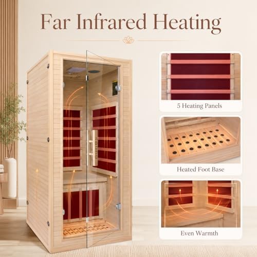 1 Person Far Infrared Sauna for Home, Canadian Hemlock Wood Indoor Sauna Room, 110V 1200W 5 Heating Panels, 149°F Max, 7-Color Light, Bluetooth Audio, Personal Relaxation Cabin, 32 x 34 x 67 in - Image 4