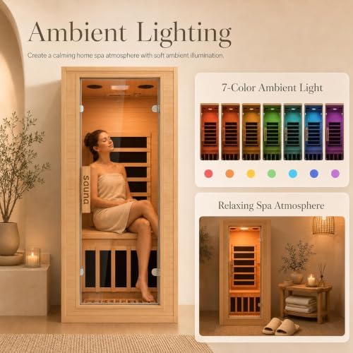 1 Person Far Infrared Sauna for Home, Canadian Hemlock Wood Indoor Sauna Room, 110V 1200W 5 Heating Panels, 149°F Max, 7-Color Light, Bluetooth Audio, Personal Relaxation Cabin, 32 x 34 x 67 in - Image 6