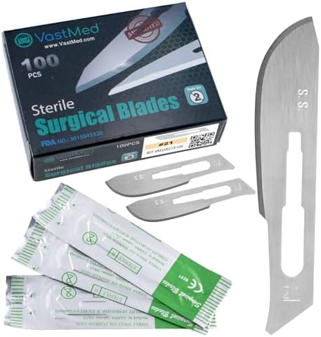 100 Pcs Surgical Blades #21 by Vastmed | Stainless Steel Sterile Scalpel Blades Individually Wrapped by Vast-Med-Dent