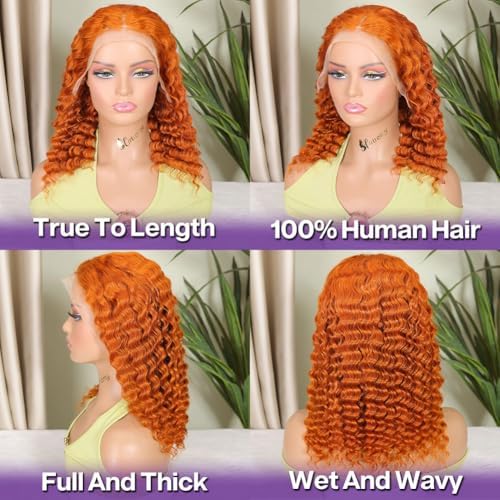 #350 Orange Ginger Deep Wave BOB Wig Human Hair 13x4 HD Lace Frontal Short Curly Ginger Orange Lace Front BOB Wigs For Black Women Human Hair Pre Plucked Wear And Go Glueless 14 Inch - Image 3