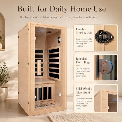 1 Person Far Infrared Sauna for Home, Canadian Hemlock Wood Indoor Sauna Room, 110V 1200W 5 Heating Panels, 149°F Max, 7-Color Light, Bluetooth Audio, Personal Relaxation Cabin, 32 x 34 x 67 in - Image 3