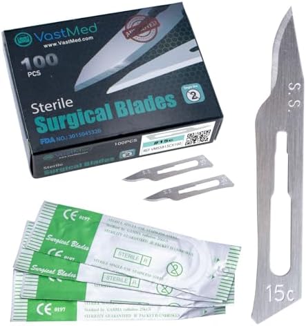 100 Pcs Surgical Blades #15C by Vastmed | Stainless Steel Sterile Scalpel Blades Individually Wrapped by Vast-Med-Dent