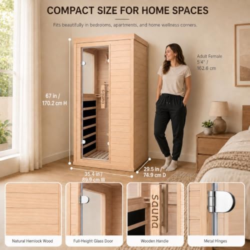 1 Person Indoor Home Infrared Sauna Room Red Light Beauty System for Home Gym & Relaxation, Canadian Hemlock Wood, Fast Heating to 140°F, Bluetooth MP3, Digital Control, 35.4"x29.5"x67" - Image 6