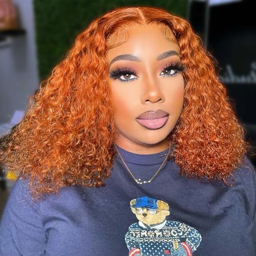 #350 Orange Ginger Deep Wave BOB Wig Human Hair 13x4 HD Lace Frontal Short Curly Ginger Orange Lace Front BOB Wigs For Black Women Human Hair Pre Plucked Wear And Go Glueless 14 Inch - Image 7