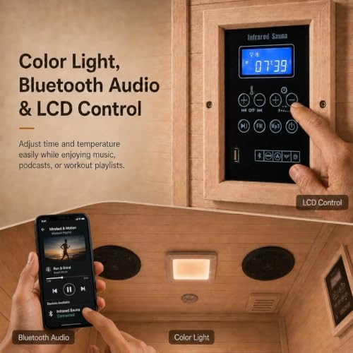 1 Person Infrared Sauna for Home, 110V 1200W Canadian Hemlock Wood Indoor Sauna Room, Compact Home Gym Spa with Color Light, Bluetooth, LCD Control, Workout Relaxation Gift for Men, Furniture Decor - Image 2
