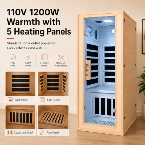 1 Person Infrared Sauna for Home, 110V 1200W Canadian Hemlock Wood Indoor Sauna Room, Compact Home Gym Spa with Color Light, Bluetooth, LCD Control, Workout Relaxation Gift for Men, Furniture Decor - Image 4