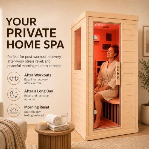 1 Person Indoor Home Infrared Sauna Room Red Light Beauty System for Home Gym & Relaxation, Canadian Hemlock Wood, Fast Heating to 140°F, Bluetooth MP3, Digital Control, 35.4"x29.5"x67" - Image 3