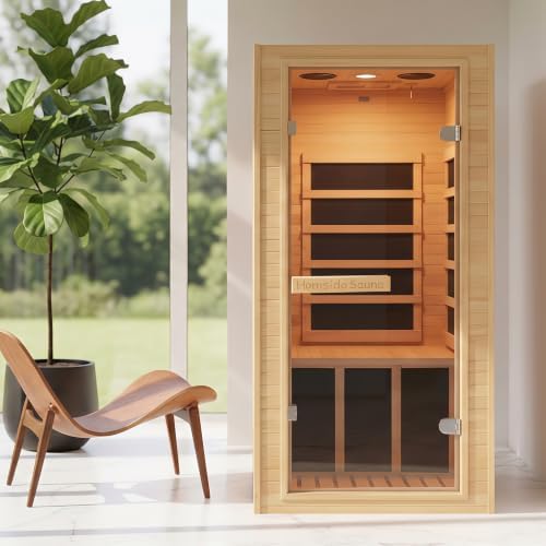 1 Person Far Infrared Home Sauna, Mini Canadian Hemlock Wood Sauna, 110V 900W, 5 Low EMF Carbon Heaters, 140°F Max, Bluetooth Speaker, 30-Min Setup, Compact Indoor Sauna, 32.3"W x 27.2"D x 59"H by HomsidoFurniture