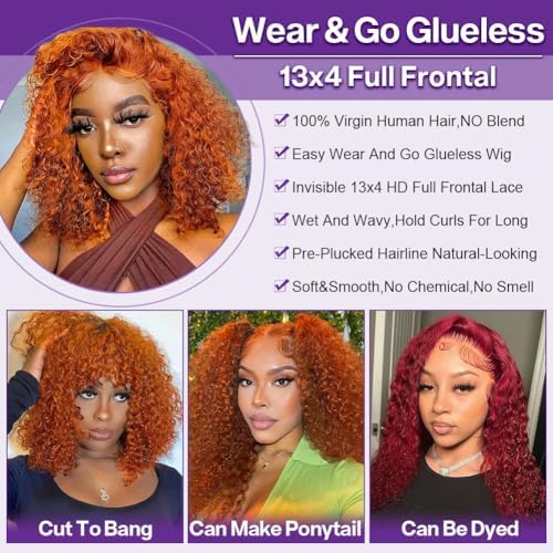 #350 Orange Ginger Deep Wave BOB Wig Human Hair 13x4 HD Lace Frontal Short Curly Ginger Orange Lace Front BOB Wigs For Black Women Human Hair Pre Plucked Wear And Go Glueless 14 Inch - Image 5