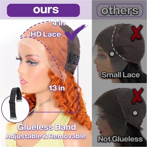 #350 Orange Ginger Deep Wave BOB Wig Human Hair 13x4 HD Lace Frontal Short Curly Ginger Orange Lace Front BOB Wigs For Black Women Human Hair Pre Plucked Wear And Go Glueless 14 Inch - Image 4