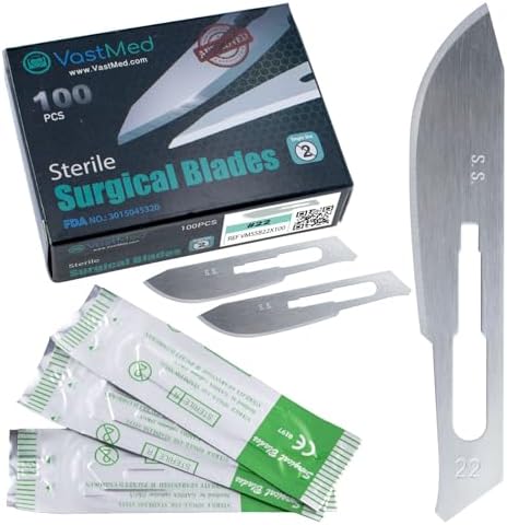 100 Pcs Surgical Blades #22 by Vastmed | Stainless Steel Sterile Scalpel Blades Individually Wrapped by Vast-Med-Dent
