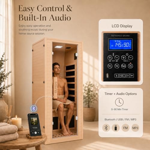 1 Person Far Infrared Sauna for Home, Canadian Hemlock Wood Indoor Sauna Room, 110V 1200W 5 Heating Panels, 149°F Max, 7-Color Light, Bluetooth Audio, Personal Relaxation Cabin, 32 x 34 x 67 in - Image 2