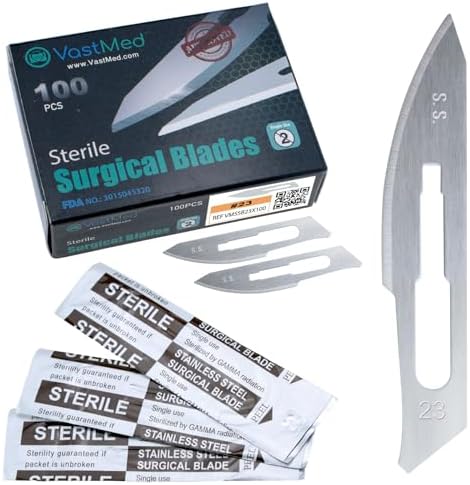 100 Pcs Surgical Blades #23 by Vastmed | Stainless Steel Sterile Scalpel Blades Individually Wrapped by Vast-Med-Dent