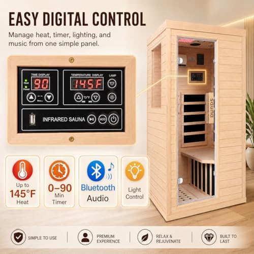 1 Person Indoor Home Infrared Sauna Room Red Light Beauty System for Home Gym & Relaxation, Canadian Hemlock Wood, Fast Heating to 140°F, Bluetooth MP3, Digital Control, 35.4"x29.5"x67" - Image 5
