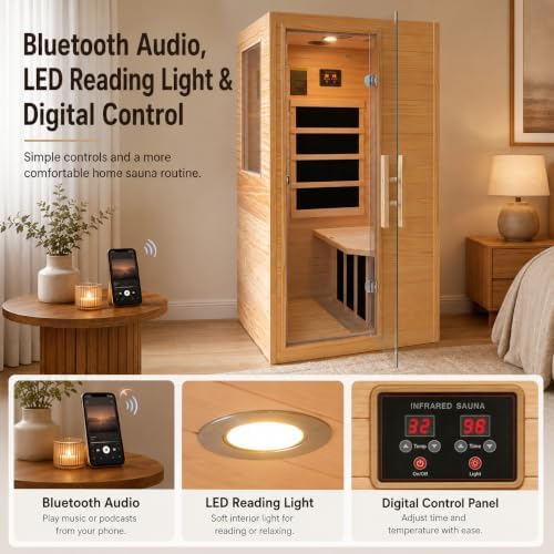 1-Person Low EMF Far Infrared Sauna for Home Use, 900W Canadian Hemlock Wood Sauna with Bluetooth Music & Led Read Light, Easy Assembly for Bedroom, Gym, or Basement（57.9 * 27 * 32IN） - Image 4