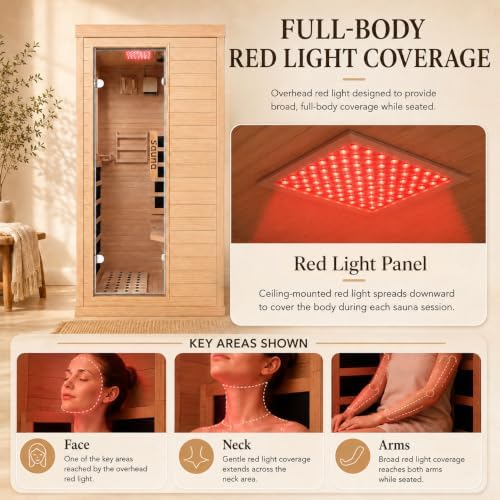 1 Person Indoor Home Infrared Sauna Room Red Light Beauty System for Home Gym & Relaxation, Canadian Hemlock Wood, Fast Heating to 140°F, Bluetooth MP3, Digital Control, 35.4"x29.5"x67" - Image 2