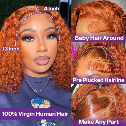 #350 Orange Ginger Deep Wave BOB Wig Human Hair 13x4 HD Lace Frontal Short Curly Ginger Orange Lace Front BOB Wigs For Black Women Human Hair Pre Plucked Wear And Go Glueless 14 Inch - Image 2