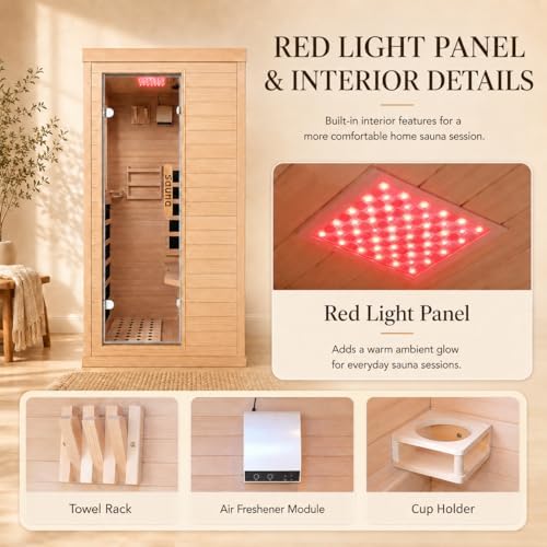 1 Person Far Infrared Sauna Room with 308x220mm Red Light Beauty Glow for Home Gym & Post-Workout Relaxation, 110V/1350W Fast Heating Sauna with 5 Plates, Bluetooth, Digital Controller, Oxygen Ionizer - Image 2