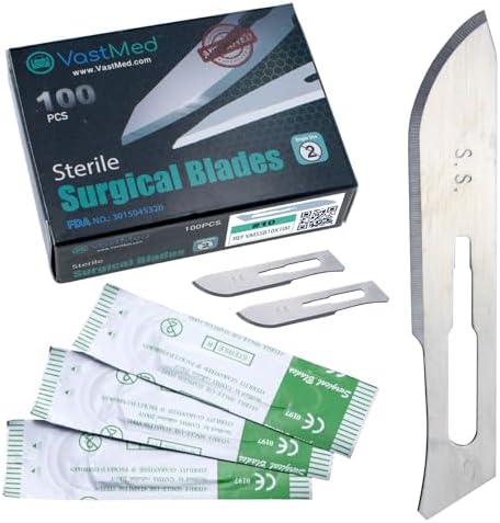 100 Pcs Surgical Blades #10 by Vastmed | Stainless Steel Sterile Scalpel Blades Individually Wrapped by Vast-Med-Dent