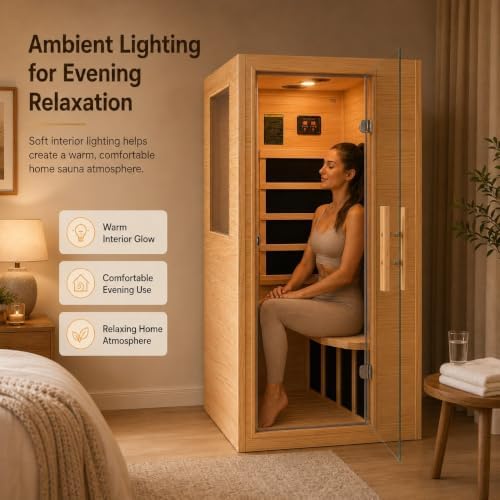 1-Person Low EMF Far Infrared Sauna for Home Use, 900W Canadian Hemlock Wood Sauna with Bluetooth Music & Led Read Light, Easy Assembly for Bedroom, Gym, or Basement（57.9 * 27 * 32IN） - Image 3