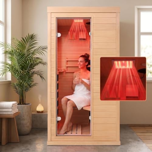 1 Person Indoor Home Infrared Sauna Room Red Light Beauty System for Home Gym & Relaxation, Canadian Hemlock Wood, Fast Heating to 140°F, Bluetooth MP3, Digital Control, 35.4"x29.5"x67" by HomsidoFurniture